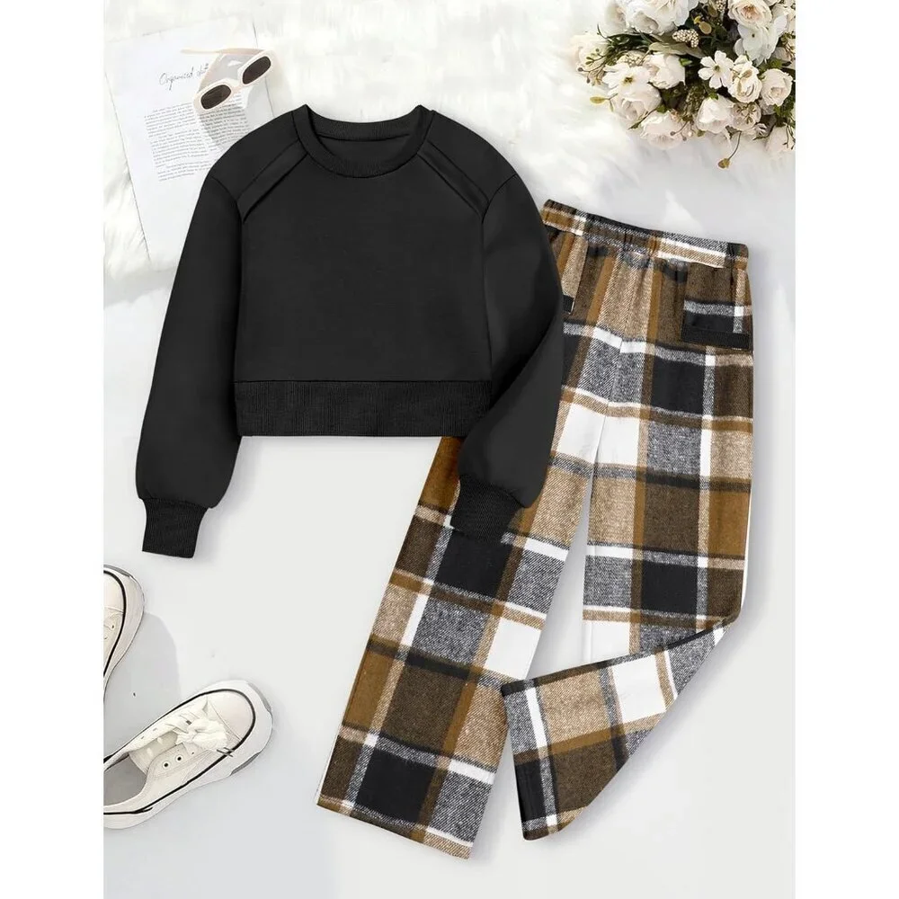 Girl Clothes, 2 Piece Girls Outfits Solid Crop Tops Plaid Wide Leg Pants with Po